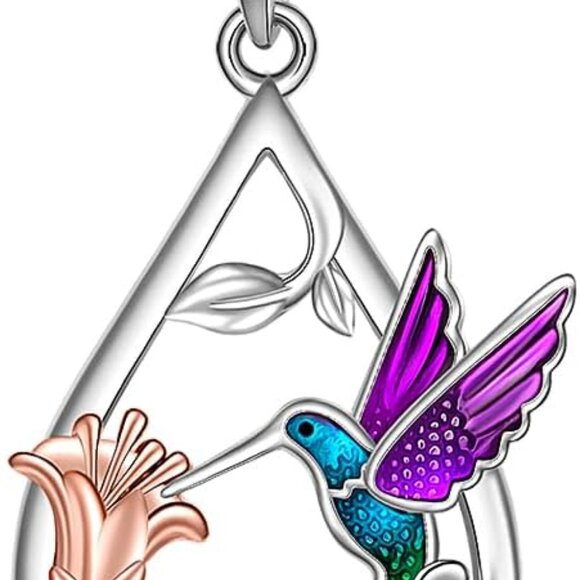 Women Sterling Silver Hummingbird Necklace Flower Pendant Gift Jewelry - Picture 1 of 9